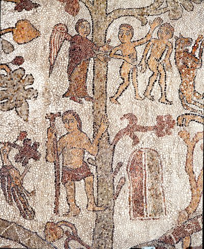 Adam et Ève chassés du Paradis terrestre, mosaïque de Pantaleone, prêtre et mosaïste. 1163-1166. Nef centrale de la cathédrale d