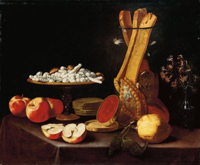 Douceurs sur une Tazza, Narcisses dans un Vase en Verre, Gressins dans un Pot, et Pommes, Gelée et Citron sur une Table Drapée - Paolo Antonio Barbieri