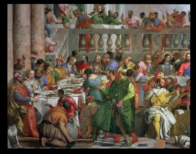 Les Noces de Cana, détail de la table de banquet avec un homme en robe verte et un nain avec un perroquet (détail) - Paolo Veronese