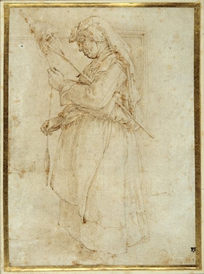 Vieille femme avec un fuseau, debout devant une cheminée - Parmigianino