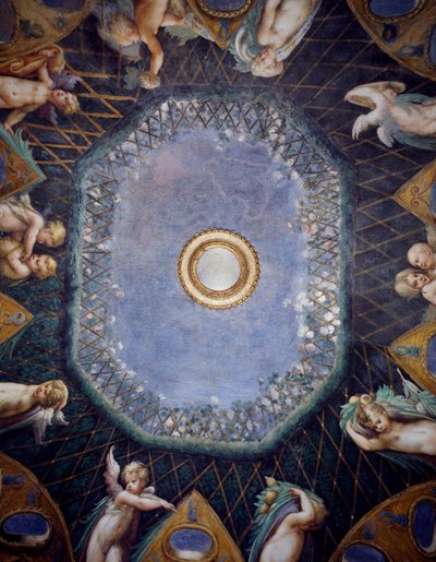 Putti et aperçu du ciel, vers 1524, par Francesco Mazzola, dit Parmigianino, fresque, voûte de la Salle de Diane et Actéon, Rocca Sanvitale, Fontanellato, près de Parme, Émilie-Romagne, Détail, Italie - Parmigianino