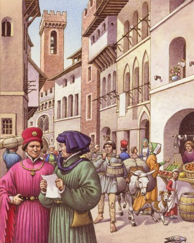Scène de rue typique à Florence au début du XVe siècle (gouache sur papier) - Pat (1907-95) Nicolle