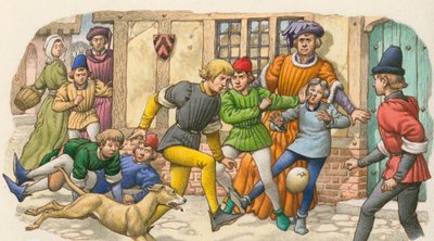 Jeu ressemblant au football au Moyen Age (gouache sur papier) - Pat (1907-95) Nicolle
