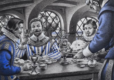 Sir Francis Drake (1540-96) à table (gouache sur papier) - Pat (1907-95) Nicolle