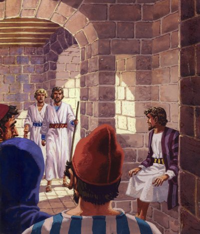 Les deux messagers de Dieu visitant Sodome (gouache sur papier) - Pat (1907-95) Nicolle