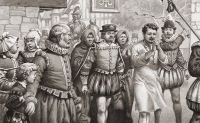 Le roi Henri III de France faisant pénitence en marchant dans les rues de Paris en cilice tout en étant fouetté (gouache sur papier) - Pat (1907-95) Nicolle
