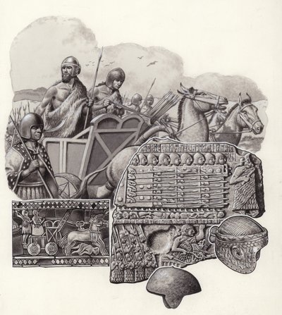 Char sumérien tiré par des ânes sauvages (gouache sur papier) - Pat (1907-95) Nicolle