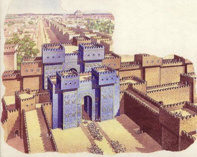 La porte Ishtar de Babylone (gouache sur papier) - Pat (1907-95) Nicolle