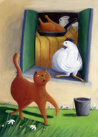 Chat et poulet dans la cour de la ferme - Patrizia La Porta