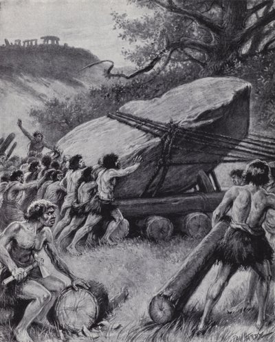 Hommes paléolithiques déplaçant une dalle géante sur des roues - Paul (after) Hardy
