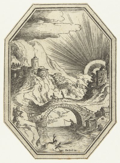 Paysage avec pont en pierre dans un cadre octogonal - Paul Bril