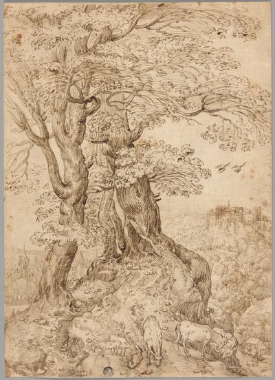 Paysage boisé avec ânes et chèvres, et château sur colline au loin - Paul Bril