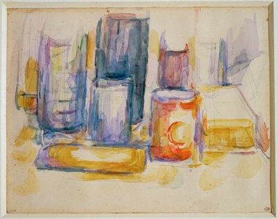 Une table de cuisine, des pots et des bouteilles (peinture) - Paul Cézanne