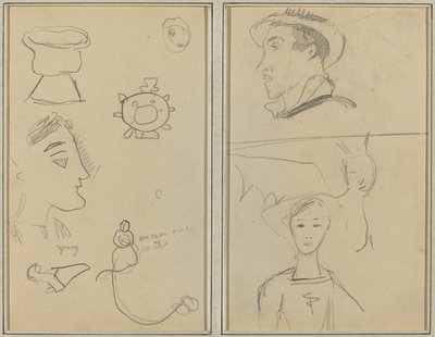 Une caricature et cinq formes ; Un homme de profil, une créature ailée et un garçon [verso] - Paul Gauguin