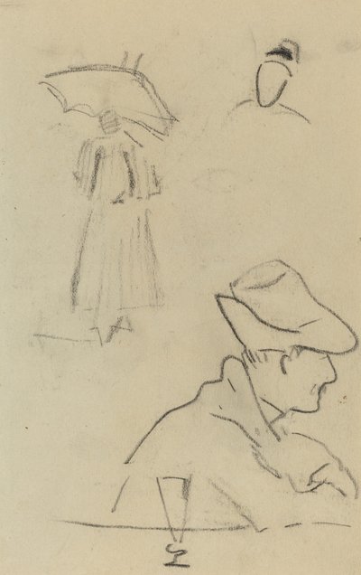Une personne tenant un parapluie et un homme assis avec un chapeau et un verre - Paul Gauguin