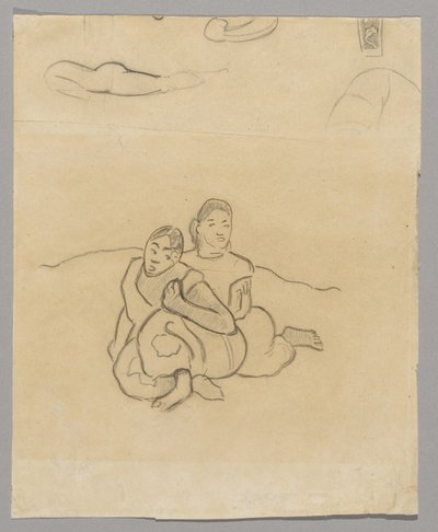Fragments de corps, un dessin décoratif et deux femmes tahitiennes accroupies dans un paysage lié à Nafea Faaipoipo - Paul Gauguin