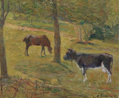 French: Vache et cheval dans un pré Cow and horse in a meadow - Paul Gauguin