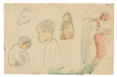 Croquis de figures accroupies et debout, un cochon et une hutte au bord de l