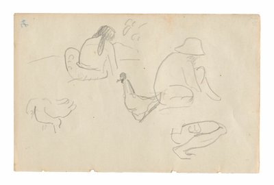Esquisses de figures assises et de poulets (recto), torse féminin nu (lié à la peinture Te a no areois [La graine des Areoi]) (verso), du Carnet de Tahiti (carnet de croquis tahitien) - Paul Gauguin