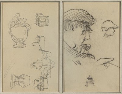 Études de cruches et de vases; Un homme avec moustache et un garçon avec un chapeau [recto] - Paul Gauguin