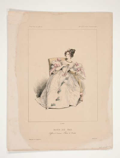 Robe de bal. Coiffure Jouenne, fleurs de Nattier. - Paul Gavarni
