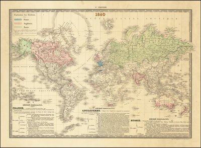 Carte du monde française de 1840 représentant les territoires des empires britannique, français et russe - Paul Kaeppelin