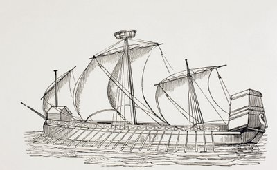 Galère à trois mâts du 16e siècle avec voiles carrées. - Paul Lacroix