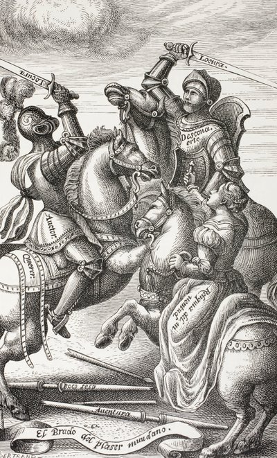 La chevalerie représentée par des figures allégoriques. Chevaliers combattant à cheval. D