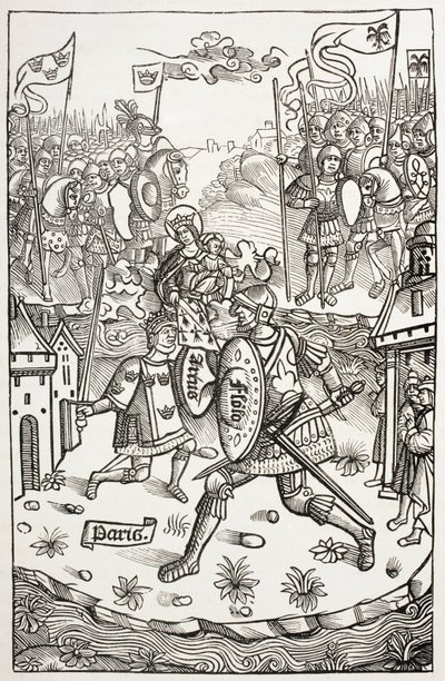 Le roi Artus, ou Arthur, protégé par la Vierge, combattant un géant. D