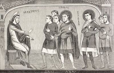 Les saints Savin et Cyprien confessant au proconsul Galerius Maximus qu