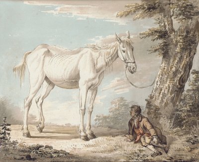 Un vieux cheval gris attaché à un arbre, un garçon se reposant à proximité - Paul Sandby