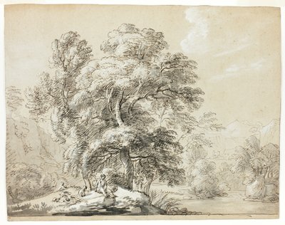Homme et chien assis sous les arbres près de la rivière - Paul Sandby