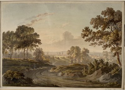 Oxford [graphique]. Berger conduisant des moutons sur la route vers Oxford, visible à l