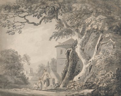 Paysage romantique avec figures et un chien - Paul Sandby