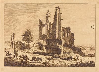 Abbaye en ruine avec du bétail et un homme coupant du bois - Paul Sandby