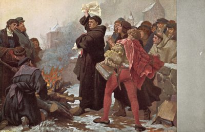 Martin Luther brûlant la bulle papale le menaçant d