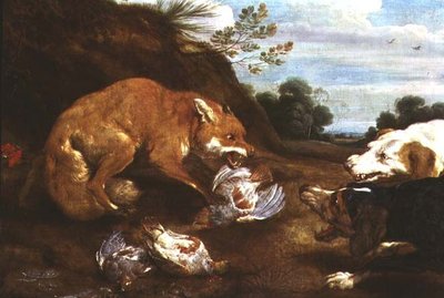 Renard et chiens de chasse se battant pour des perdrix - Paul De Vos
