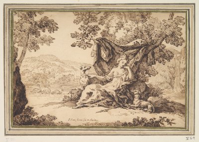 Femme avec deux chiens assise dans un paysage - Paul van Somer