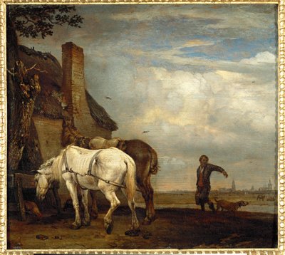 Deux chevaux de trait devant une ferme ... - Paulus (attr.to) Potter