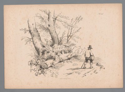 Paysage avec des arbres et un homme avec un bâton de marche et un panier - Paulus Lauters