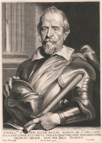 Excellmus. D. Don. Alvar. Bazan. March. de Sta. Cruc. Cath. Ma. a. Stat. Consilet. Cubicul. Ocean. Quacunq, Hisp. Monarch. Domi. Propræf. Regior. Arm. Per. Belg. Gubern. - Paulus Pontius