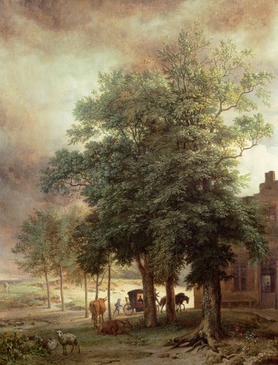 Paysage avec carrosse ou maison au-delà des arbres - Paulus Potter