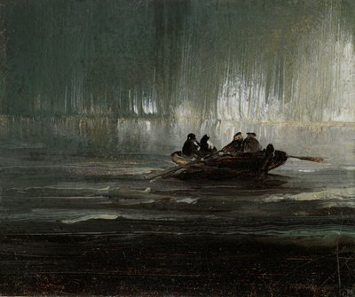 Aurore boréale sur quatre hommes dans un bateau à rames - Peder Balke