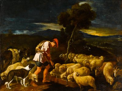 Jacob arrosant les moutons de Laban devant des branches épluchées - Pedro Orrente