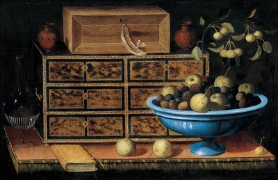 Bureau avec un petit coffre et un bol de fruits - Pedro de Camprobín
