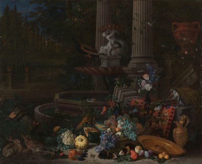 Nature morte avec des légumes devant un socle drapé et renversé près d