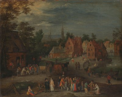 Village avec un marionnettiste divertissant une petite foule - Peeter Gijsels