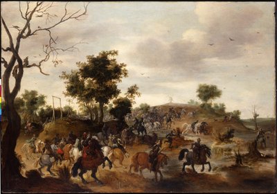 Paysage avec une bataille de cavalerie, gibet et moulin à vent au-delà - Peeter Snayers