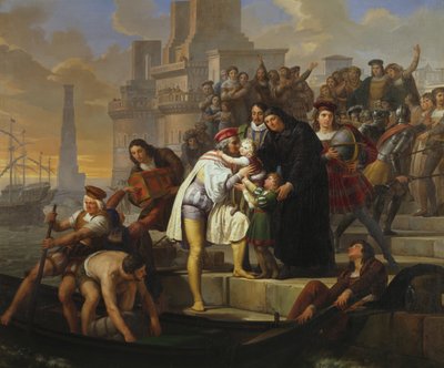 Christophe Colomb embrassant ses deux fils et les recommandant au Père Giovanni Perez avant de quitter Palos pour le voyage de découverte de l