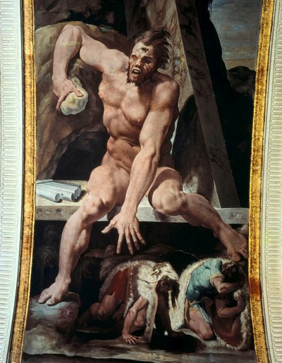 Ulysse et ses compagnons fuient la tanière de Polyphème. Fresque - Pellegrino Tibaldi
